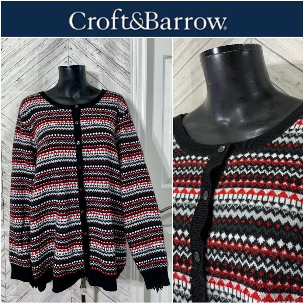 croft barrow 2X nordic knit red black cardigan